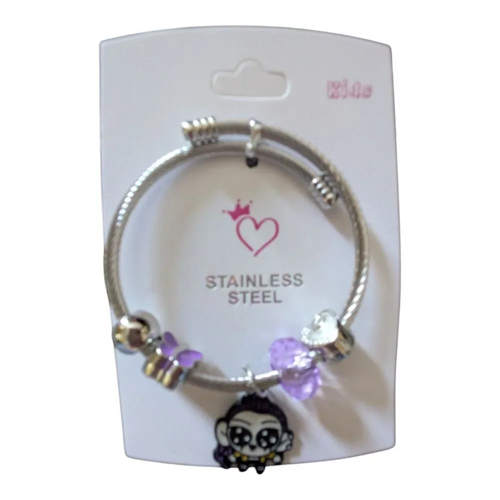 Kids Stainless Steel Charm Bracelet Purple Beads Pandora Style New